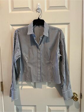 J. Crew Nautical Dark Grey White Vertical Stripe Preppy Button-Up Shirt  SZ Med